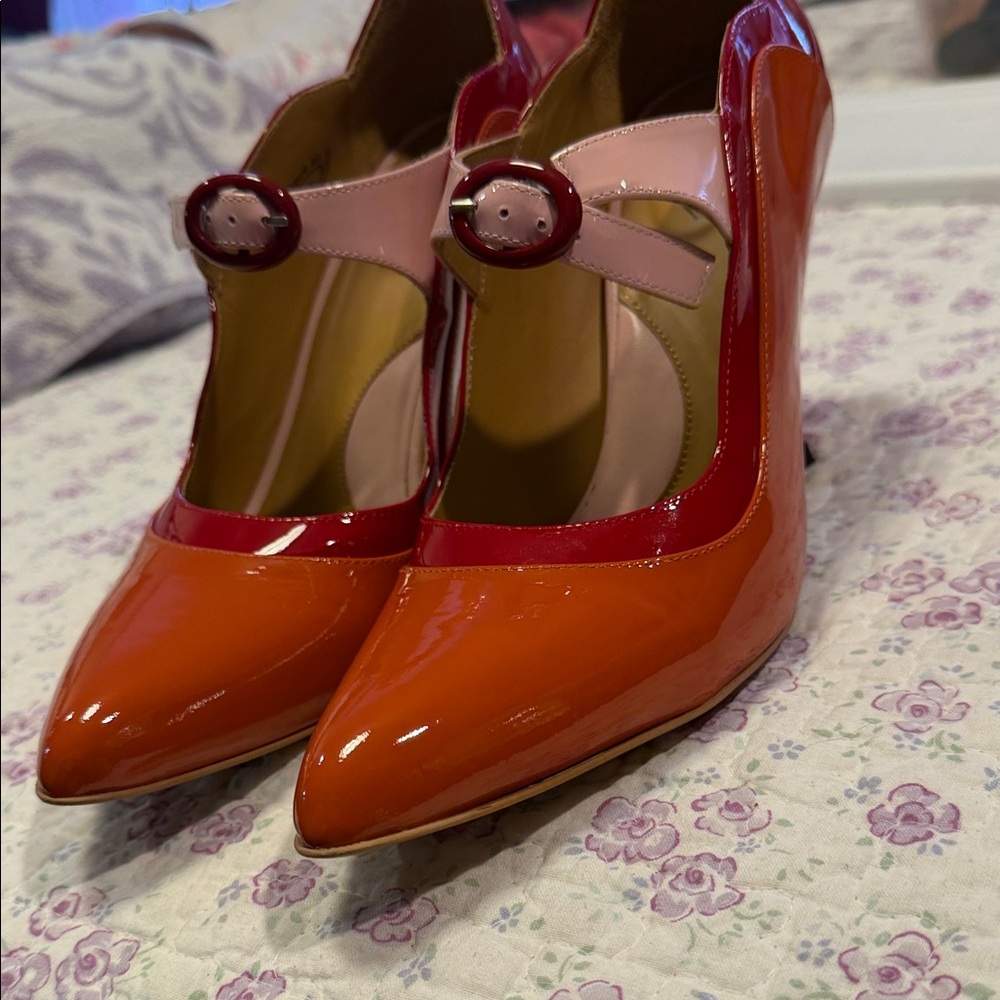 John Fluevog Orange, Red & Pink Patent Mary Jane Pumps - Picture 9 of 9
